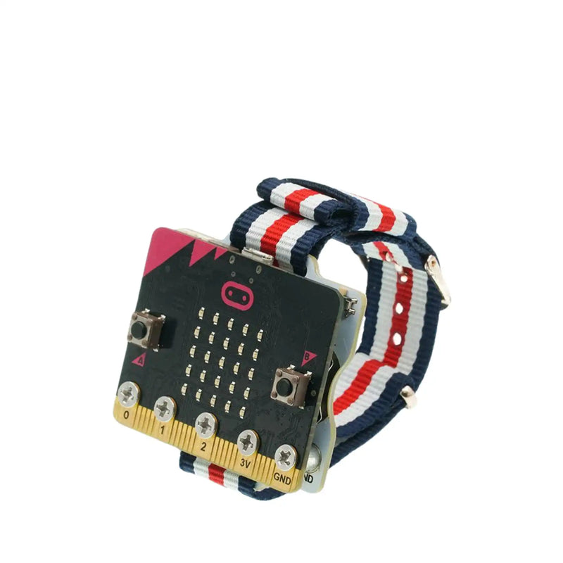 Microcontroller watch with striped band.